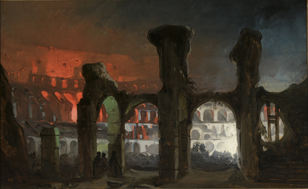 Interno del Colosseo con i fuochi di bengala