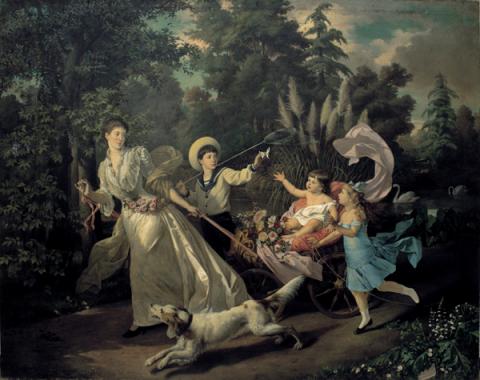 La principessa Elisabeth Brancaccio con i figli nel giardino del palazzo a via Merulana