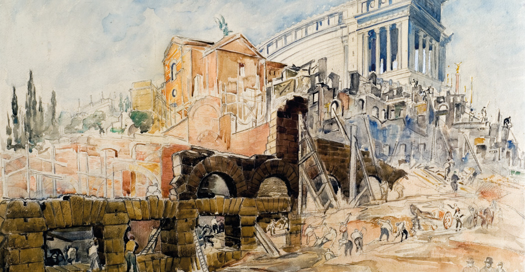 Maria Barosso, Demolizione delle case in Via Cremona per gli scavi al Foro di Cesare, 1932, matita e acquerello su carta, MR - 2492, Roma, Museo di Roma. Foto: Alfredo Valeriani. Copyright dell'immagine: Roma Capitale, Sovrintendenza Capitolina ai Beni Culturali. Referenze fotografiche: Roma, Museo di Roma, Archivio Iconografico Maria Barosso, Demolizione delle case in Via Cremona per gli scavi al Foro di Cesare, 1932, matita e acquerello su carta, MR - 2492, Roma, Museo di Roma. Foto: Alfredo Valeriani. Copyright dell'immagine: Roma Capitale