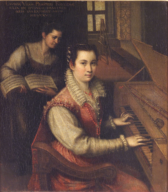 Lavinia Fontana (1552 Bologna-1614 Roma),  Primo autoritratto alla spinetta, 1575 Olio su rame, 31 x 25,5 cm Roma, Collezione privata