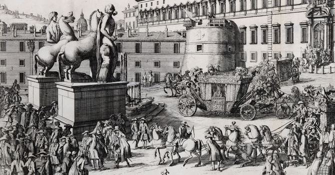 Gomar Wouters, Corteo del principe del Liechtenstein al Quirinale, 1692, acquaforte, mm 450x700, Roma, Museo di Roma, inv GS 168