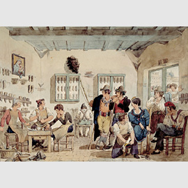Achille Pinelli, Interno di bottega di calzolaio, 1832, grafite e acquerello