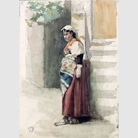 Enrico Coleman, Donna in costume laziale presso una scala, 1870-1890, grafite e acquerello