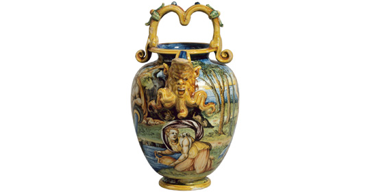 Divinità fluviale e tre donne, versatolo, maiolica, bottega dei Fontana, Urbino, 1550-1560 circa