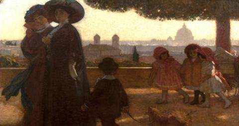 Dipinto che raffigura donne e bambini che passeggiano al Pincio 