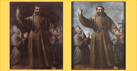 Guido Reni, Stendardo processionale con San Francesco prima e dopo il restauro (verso), 1610, olio su tela, Museo di Roma