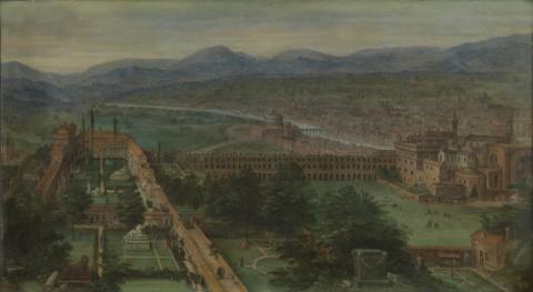 Hendrick III van Cleve, Veduta di Roma (Belvedere Vaticano) 1589, olio su tela  Musei Reali di Belle Arti del Belgio (Bruxelles), inv. 6904, foto: J. Geleyns