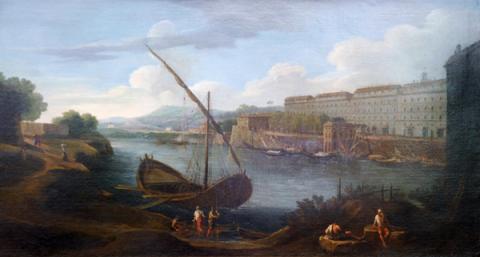 Veduta del Tevere con il porto di Ripa Grande e l'Ospizio di San Michele