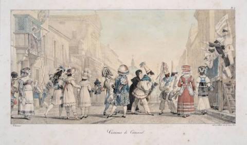 Costumi di Carnevale in via del Corso, all’altezza della chiesa di San Giacomo 1823, 1830  litografia a colori  inv. GS 3090