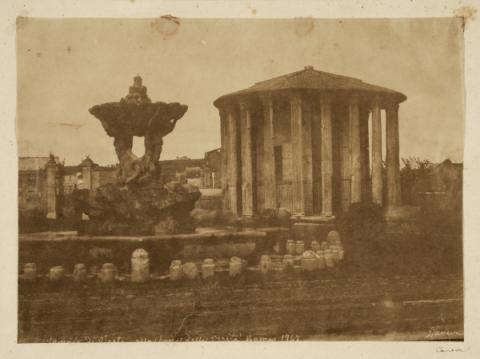 Giacomo Caneva, la fontana dei Tritoni e il cosiddetto tempio di vesta in piazza Bocca della Verità 1847 datata